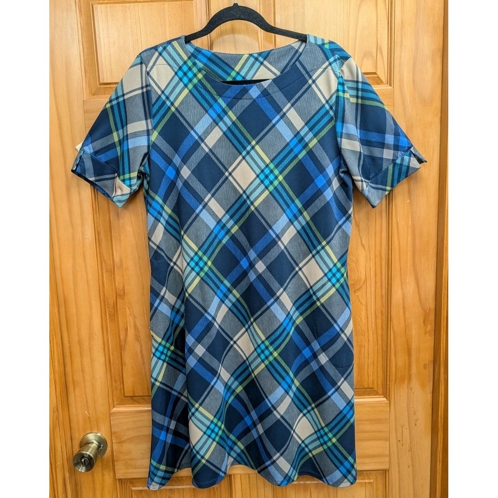 N Touch Women's Medium Dress Plaid Side Pockets Short Sleeves Liquid Knit